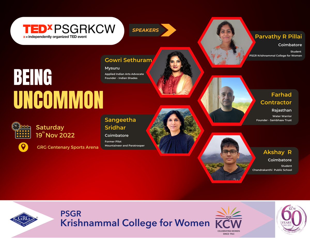 psgrkcw's tweet photo. Greetings! The second edition of TEDxPSGRKCW is happening tomorrow, November 19th, 2022 on our college campus.
#tedx #tedxtalks #TedTalk #tedxpsgrkcw #PSGRKCW #beinguncommon https://t.co/Yb4w0O7vja