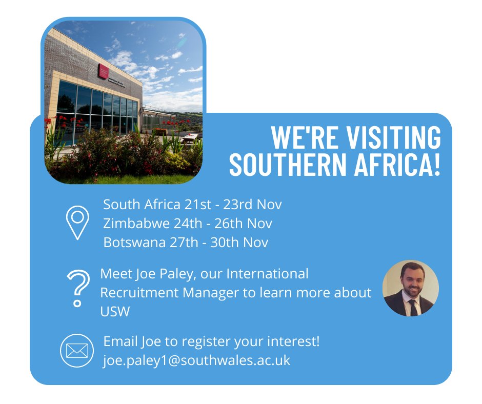 If you're based in #SouthAfrica, #Zimbabwe or #Botswana - come and meet us!👋 Joe will be running student drop-in sessions next week to discuss what it's like to study in the UK, what courses we offer and what scholarships we have available Email Joe to register your interest👇