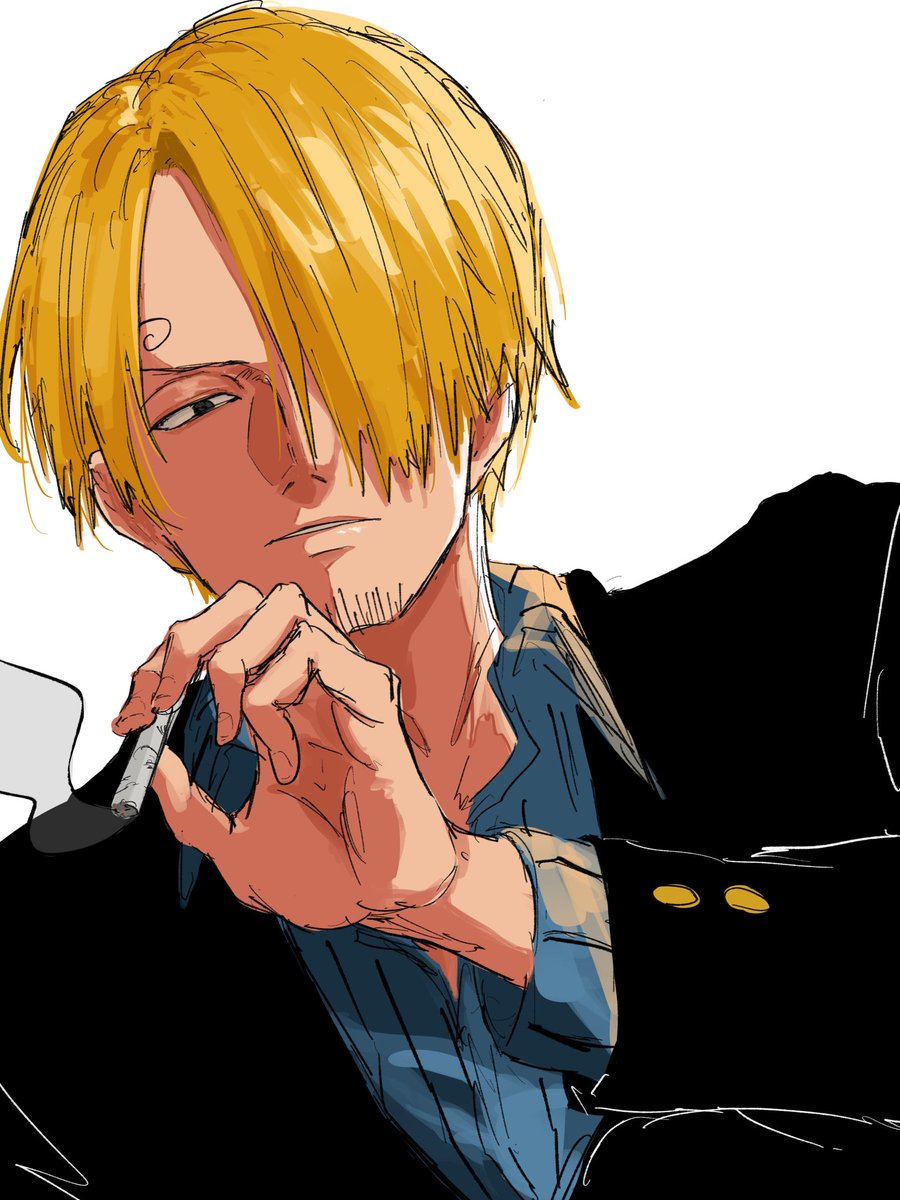 sanji (one piece) 1boy blonde hair male focus cigarette solo hair over one eye holding cigarette  illustration images