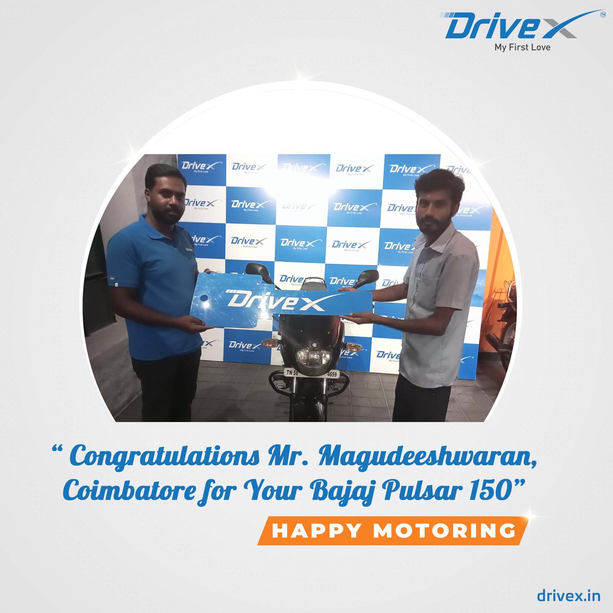 Congratulations Mr. Magudeeshwaran, Coimbatore for taking Bajaj Pulsar 150. Thank you for being our valued customer. We appreciate your trust in us. Happy Motoring!

Call: +91 76663 76661
linkto.contact/DriveX
drivex.in

#DriveX #HappyMotoring #BajajPulsar150