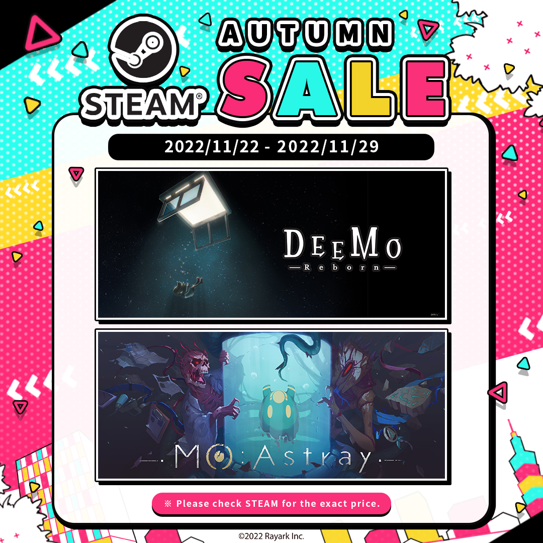 MO: Astray 【Steam オータムセール】
⏰セール期間：2022/11/22 - 2022/11/29

ハッピー サンクスギビング！
お祝いMOodの今こそ、刺激にあふれたMOをプレイしましょう！
Steam：bit.ly/MoAstray_Steam

※実際の購入時間及び価格はプラットフォームの表記に準じます