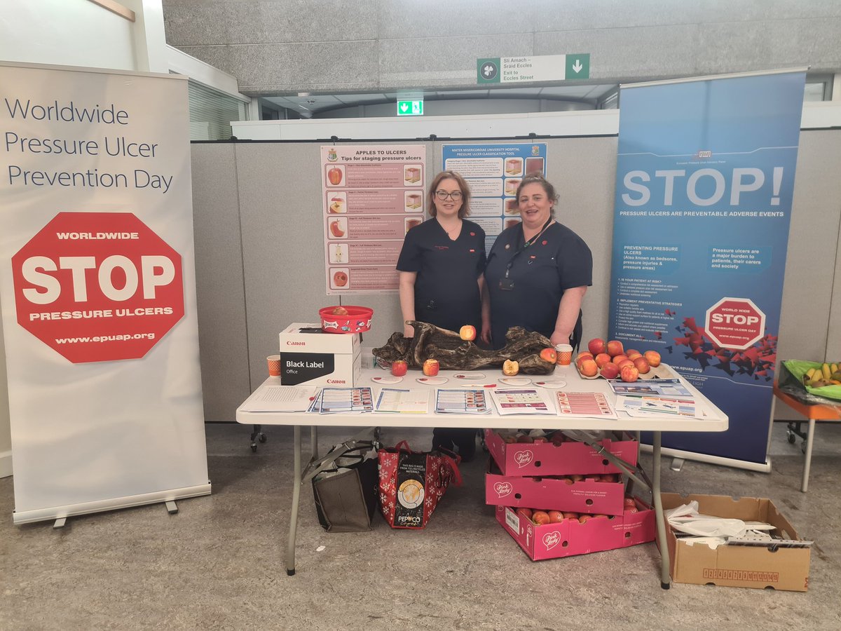 Well done Lisa and Grainne from the tissue viability specialist team in MMUH for their excellent display for worldwide pressure ulcer prevention day! Very clever way of using apples to show the stages of a pressure ulcer👏🏻! #tissueviability #stoppressureulcers @MaterTVNs