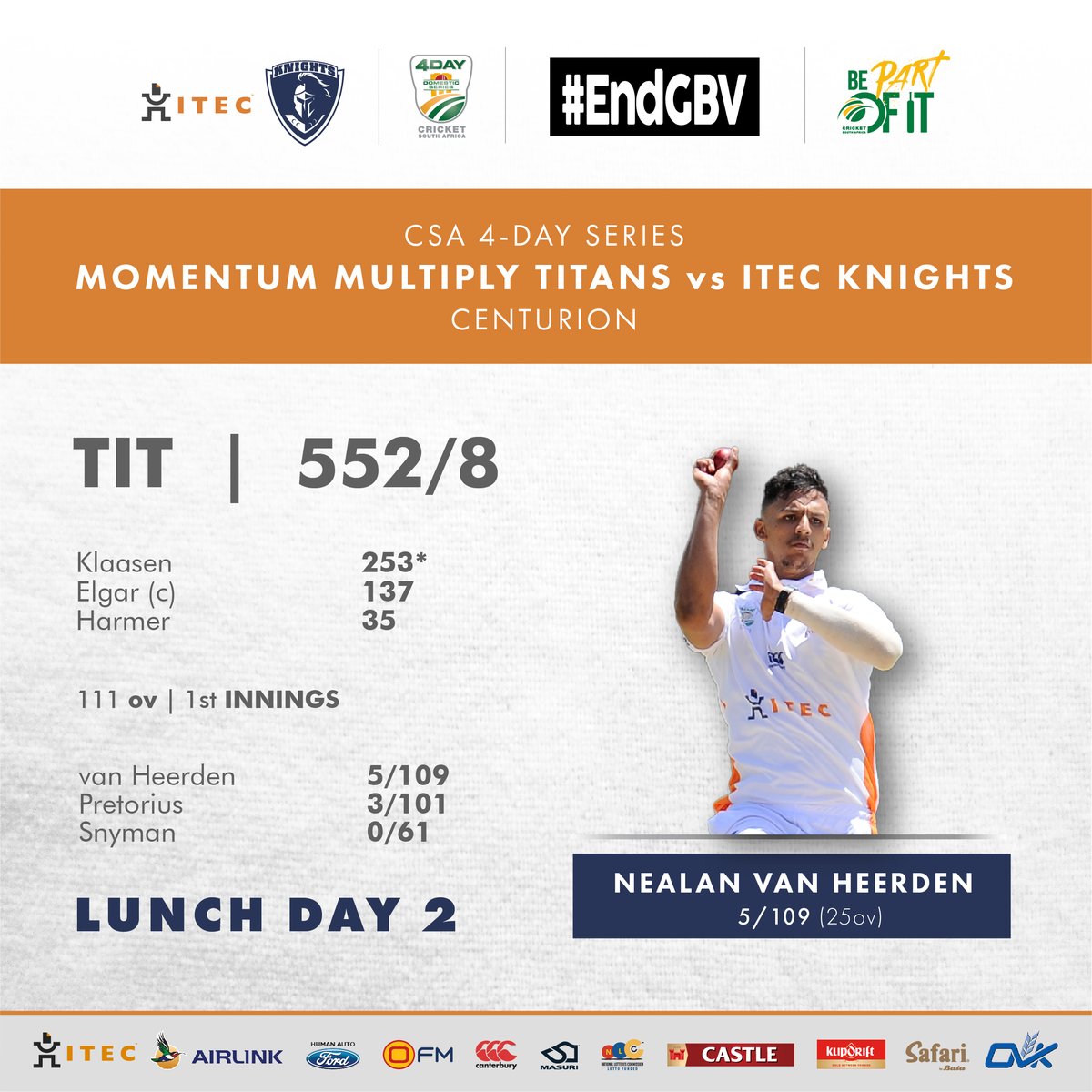 KnightsCricket's tweet photo. #4DaySeries
๐ฆ๐๐ข๐ฅ๐ ๐จ๐ฃ๐๐๐ง๐
@Titans_Cricket vs ITEC Knights
TIT | 552/8 (111ov) - 1st Innings
van Heerden | 5/109
Pretorius - 3/101
#OrangeMachine
#LunchDay2
#ItsKnightTime https://t.co/QRkEDnpSlP