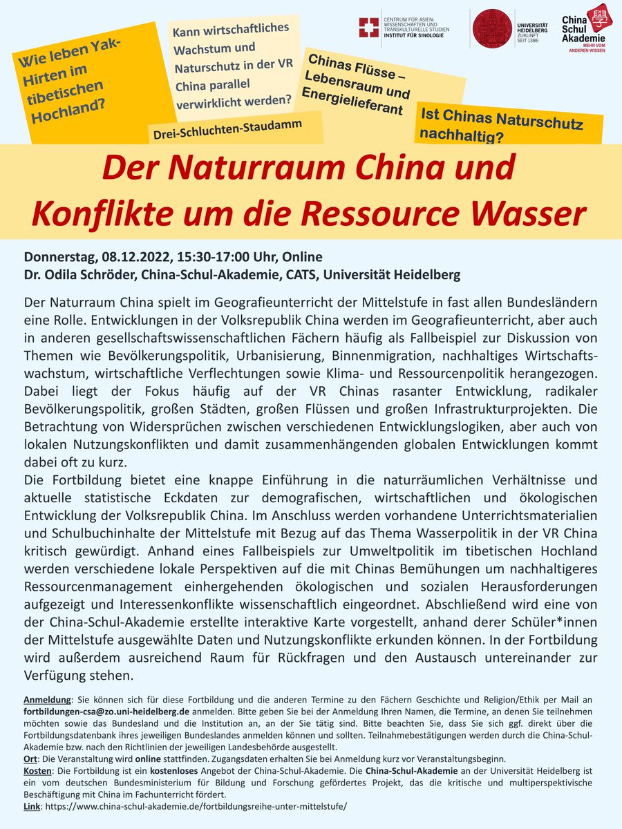 China_Akademie's tweet photo. Im Dezember bieten wir eine Online Fortbildungsreihe zu China im Unter- und Mittelstufenunterricht in den Fächern #Geschichte, #Geographie und #Religion #Ethik. Themen sind: Die historische Seidenstraße, die Ressource Wasser und Religionen in China. Infos: https://t.co/Ltc8jwZ9HC https://t.co/H6gAfNLcvu