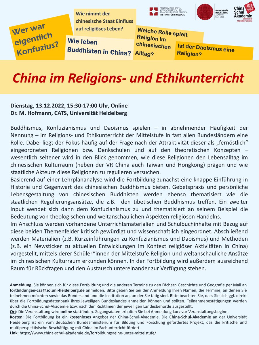 Im Dezember bieten wir eine Online Fortbildungsreihe zu China im Unter- und Mittelstufenunterricht in den Fächern #Geschichte, #Geographie und #Religion #Ethik. Themen sind: Die historische Seidenstraße, die Ressource Wasser und Religionen in China. Infos: china-schul-akademie.de/fortbildungsre…
