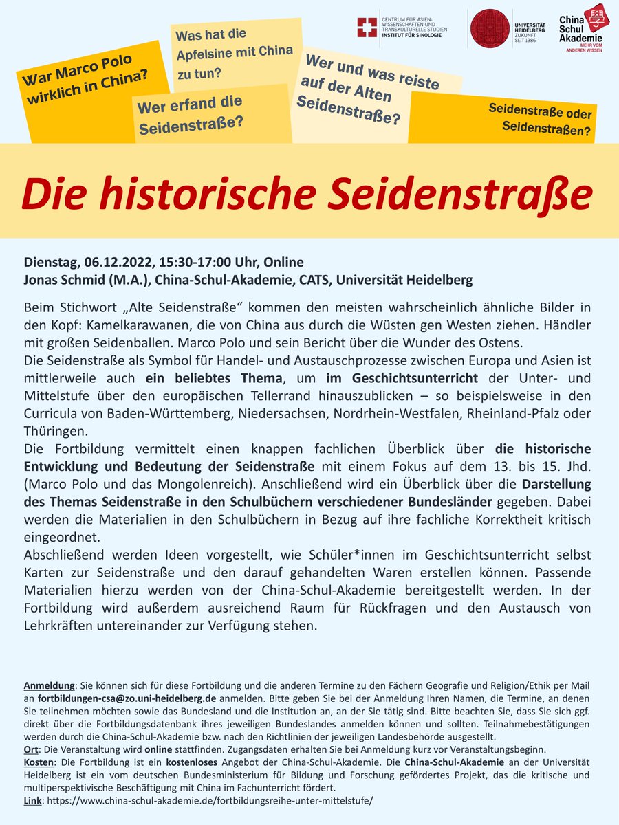 China_Akademie's tweet photo. Im Dezember bieten wir eine Online Fortbildungsreihe zu China im Unter- und Mittelstufenunterricht in den Fächern #Geschichte, #Geographie und #Religion #Ethik. Themen sind: Die historische Seidenstraße, die Ressource Wasser und Religionen in China. Infos: https://t.co/Ltc8jwZ9HC https://t.co/H6gAfNLcvu