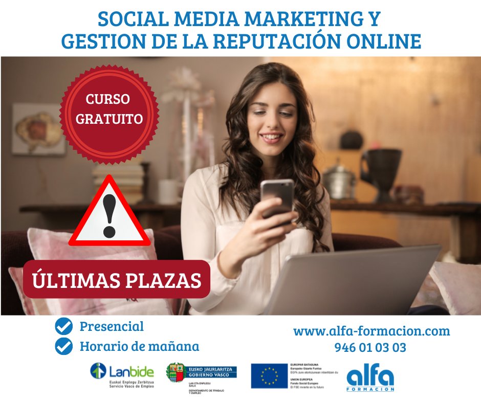 💡Marketing y reputación online
💻Posibilidades de los canales de #comunicación #online para posicionarnos como #marcapersonal

Detalles:
✅ Mujeres en situación de desempleo
✅ Presencial
✅ 40 horas
✅ 100% subvencionada

Más en: alfa-formacion.com
 #AlfaFormaciónGaldakao