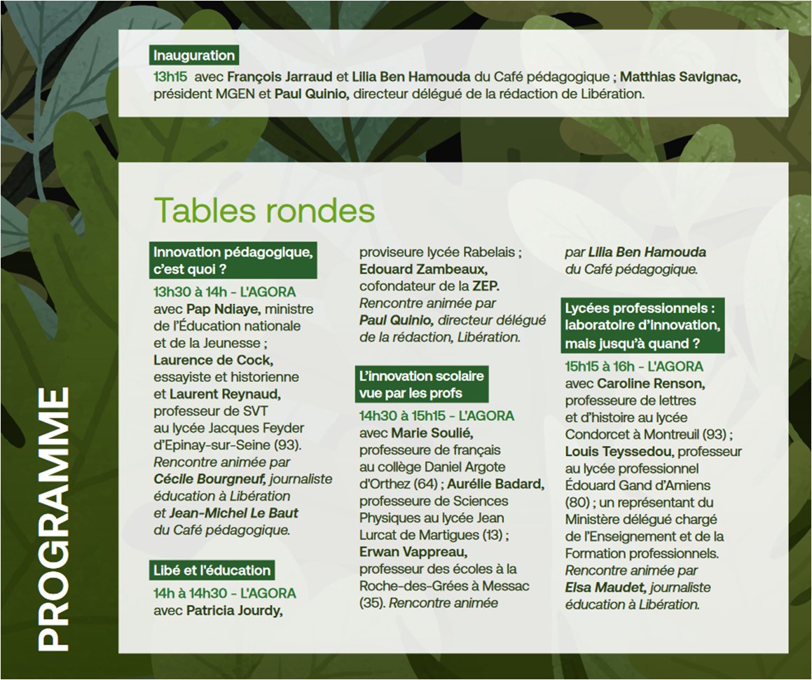 Forum des profs innovants <a href="/cafepedagogique/">Le café pédagogique</a> <a href="/libe/">Libération</a> au #SalonEduc le 25 novembre avec <a href="/PapNdiaye/">Pap Ndiaye</a> @debatdecole1 <a href="/ReynaudLaurent3/">Laurent Reynaud</a> <a href="/marie34/">Marie Soulié @marie34.bsky.social</a> <a href="/AurelieBADARD/">AurélieBADARD</a> <a href="/CarolineRenson/">Bye Bye homemixer</a> <a href="/cbourgneuf/">Cécile Bourgneuf</a>
<a href="/patricia_jourdy/">Jourdy patricia</a> <a href="/zambeaux/">Edouard Zambeaux</a> <a href="/MSavignac_MGEN/">Matthias Savignac</a> <a href="/PaulQuinio/">Paul Quinio</a> <a href="/ElsaMaudet/">Elsa Maudet</a> ... cafepedagogique.net/2022/11/18/a-q…