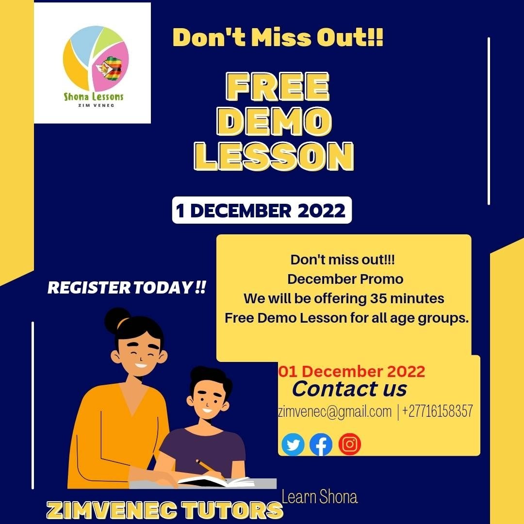 ZimvenecTutors's tweet image. #December2022🤩Good news to everyone who have interests to know how and who is ZimVenec Tutors,an exciting opportunity for you not to miss out this December. 
As we offer free Demo lessons, for all age groups.
zimvenec@gmail.com | ±27716158357 
#FreeDemoClasses #languagelearning
