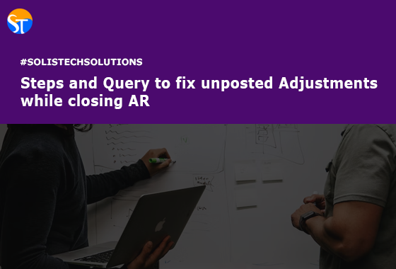 Solistech's tweet photo. How to resolve unposted adjustments while closing AR using Query? See the answer here: https://t.co/HSIxHoEcRv
.
.
.
#OracleSupport #OracleEBS #DatabaseSupport #ERP #OracleAppsTechnical #ManagedServices #solistechsolutions #oracleapplications #OracleServices https://t.co/BQEIZCx3Er
