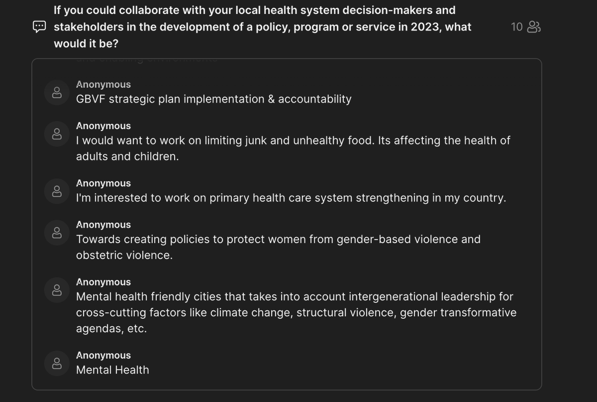 iwgforhss's tweet photo. Yesterday, @lmenon01 asked IWG members during the fireside chat: "If you could collaborate with your local health system decision-makers and stakeholders in the development of a policy, program, or service in 2023, what would it be? Here's what they said: https://t.co/U5z675bgon