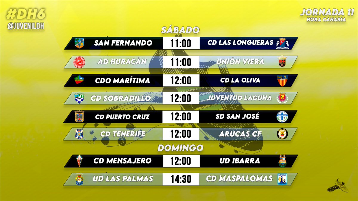Juvenil División de Honor (@juvenildh) on Twitter photo ⏰ HORARIOS JORNADA 1️⃣1️⃣ #DH6🏆 ⏰
⚔️ <a href="/CdtCantera/">CanteraCDT 🏴</a> ⚪🔵 recibe a un <a href="/arucascf/">Arucas CF</a> ⚪⚫ en buena dinámica 📈
🔥 Derbi palmense entre <a href="/ADHuracan/">ADHuracán</a> 🔴⚪ y @CFUNIONVIERA 🔴⚫
🥇<a href="/UDLP_Cantera/">UD Las Palmas - Cantera</a> quiere seguir con su racha victoriosa 🆚 #CDMaspalomas ⚪⚪
#JuvenilDH👟 ⏰ HORARIOS JORNADA 1️⃣1️⃣ #DH6🏆 ⏰
⚔️ <a href="/CdtCantera/">CanteraCDT 🏴</a> ⚪🔵 recibe a un <a href="/arucascf/">Arucas CF</a> ⚪⚫ en buena dinámica 📈
🔥 Derbi palmense entre <a href="/ADHuracan/">ADHuracán</a> 🔴⚪ y @CFUNIONVIERA 🔴⚫
🥇<a href="/UDLP_Cantera/">UD Las Palmas - Cantera</a> quiere seguir con su racha victoriosa 🆚 #CDMaspalomas ⚪⚪
#JuvenilDH👟