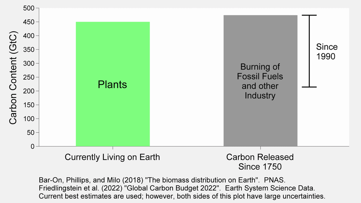 Through the burning of fossil fuels, humans have released more carbon into the atmosphere than is contained in all of the plants currently living on Earth.

More than half of this has occurred since 1990.

We are transforming the Earth and the atmosphere on a truly massive scale.