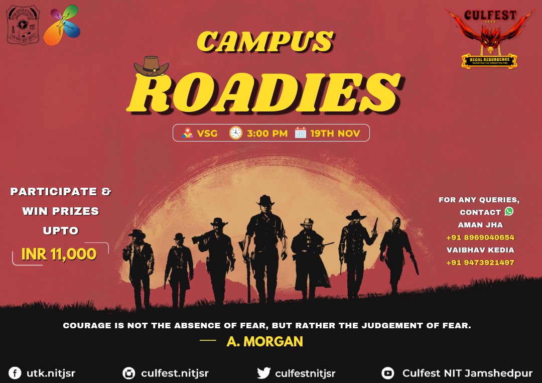 culfestnitjsr's tweet photo. "Only those who risk going too far can possibly find out how far they can go”

For any queries, contact:
Vaibhav Kedia (+91-9473921497)
Aman Jha (+91-8969040654)

#culfest’23 #regalresurgence #nitjsr #roadies #campusroadies https://t.co/IxAjNMbFMk
