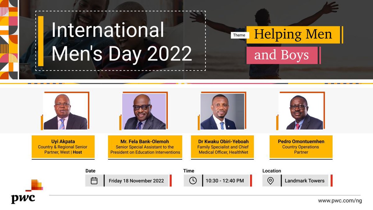 @Pricewaterhouse Coopers (PwC) 
In commemoration of this year's International Men’s Day, 

Theme: Helping Men & Boys with focus on Family, Finance and Career.

#PwC #internationalmensday #men #FBO #FBOCommunity #felabankolemhoh #makeitcount