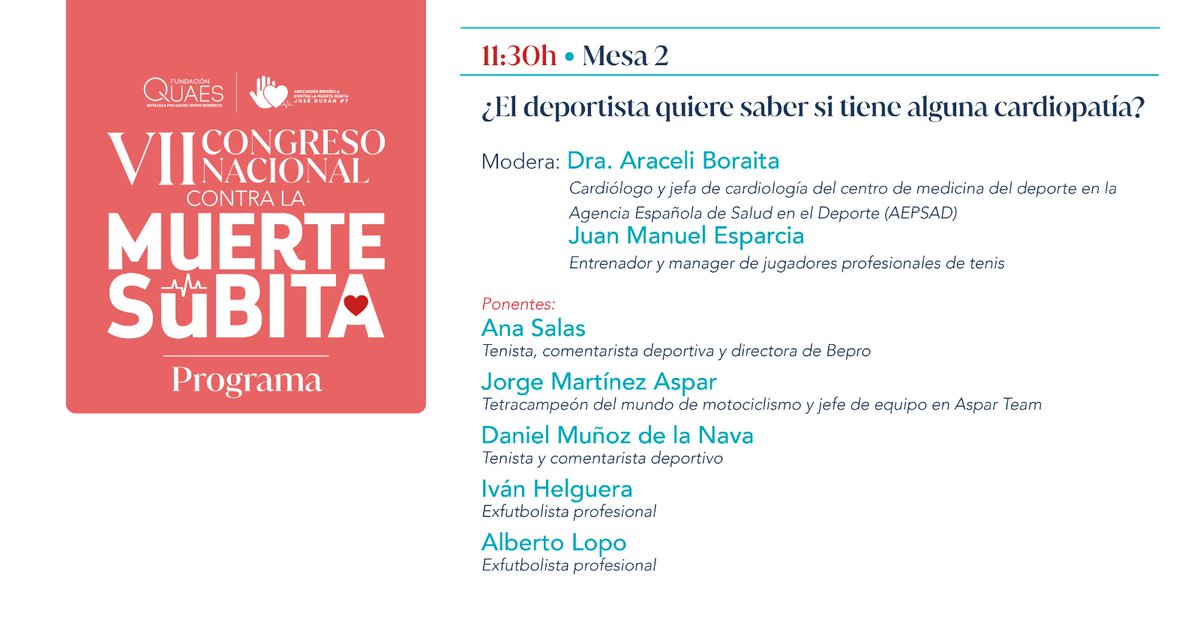 FQuaes's tweet photo. Llegamos a la segunda mesa de este #CongresoMuerteSúbita: ‘¿El deportista quiere saber si tiene alguna cardiopatía?’
🗣 Moderan:
👉 @AraceliBoraita, jefa de #Cardiología de la #AEPSAD
👉 @juanma_esparcia, entrenador y manager de jugadores profesionales de tenis.
#TúPintas ✋❤ https://t.co/ksea17ZCbA