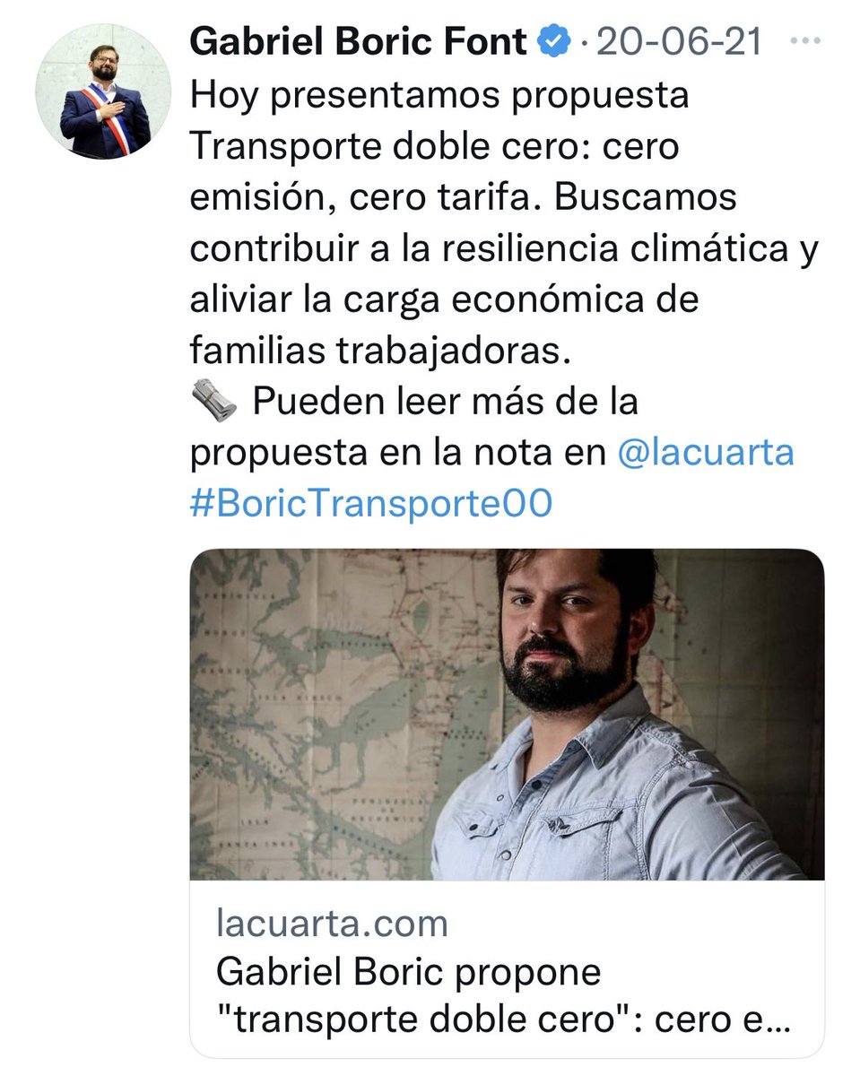 Algunos tal vez lo olvidaron, pero Gabriel Boric prometió transporte -cero tarifa- cuando estaba en campaña presidencial, contradictoriamente ayer confirmo alza en pasaje del transporte público, dice que “no es sostenible” mantener el congelamiento.
Otra promesa incumplida ✅🙄