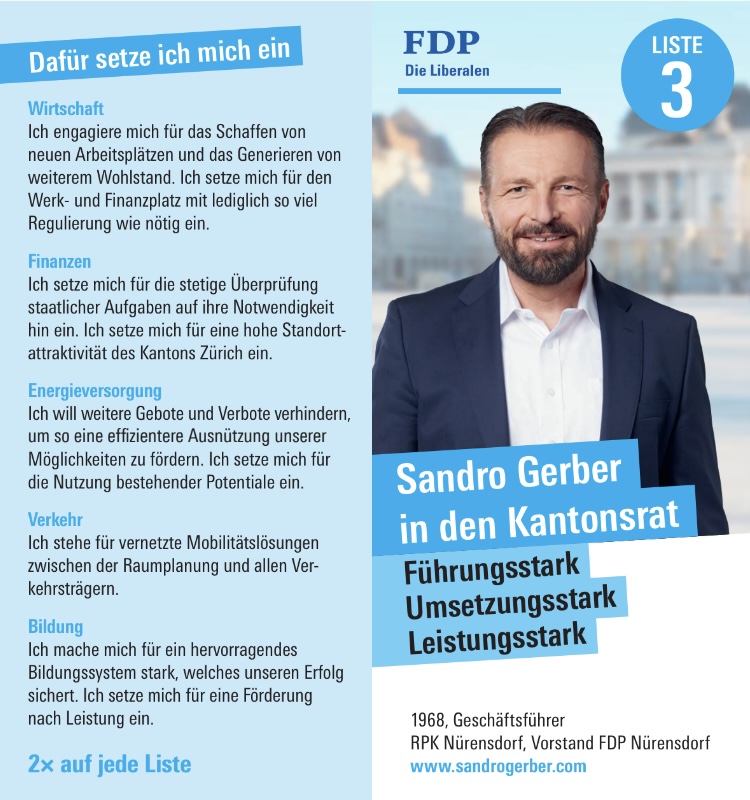sandrogerber.com/komitee 

Unterstützen auch Sie unseren Kantonsratskandidaten Sandro GERBER. 2x auf jede Liste.❤️-lichen Dank.

#derliberaleaufbruch
#derfreisinnigeaufbruch

#führungsstark
#umsetzungsstark
#leistungsstark