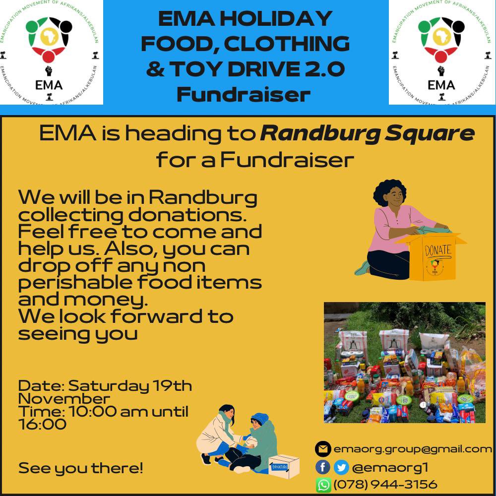 papizwane2's tweet photo. My @EMAOrg1 team and I will be out at Randburg Square tomorrow to fundraise for our #EMASisonke campaign 🥳 If you’re in and around the area, please do come through and drop off some non-perishables, clothing vouchers, toys and stationery 🙏🏿🙏🏿🙏🏿 SIYAZIBONGELA https://t.co/F4GIPJL86r