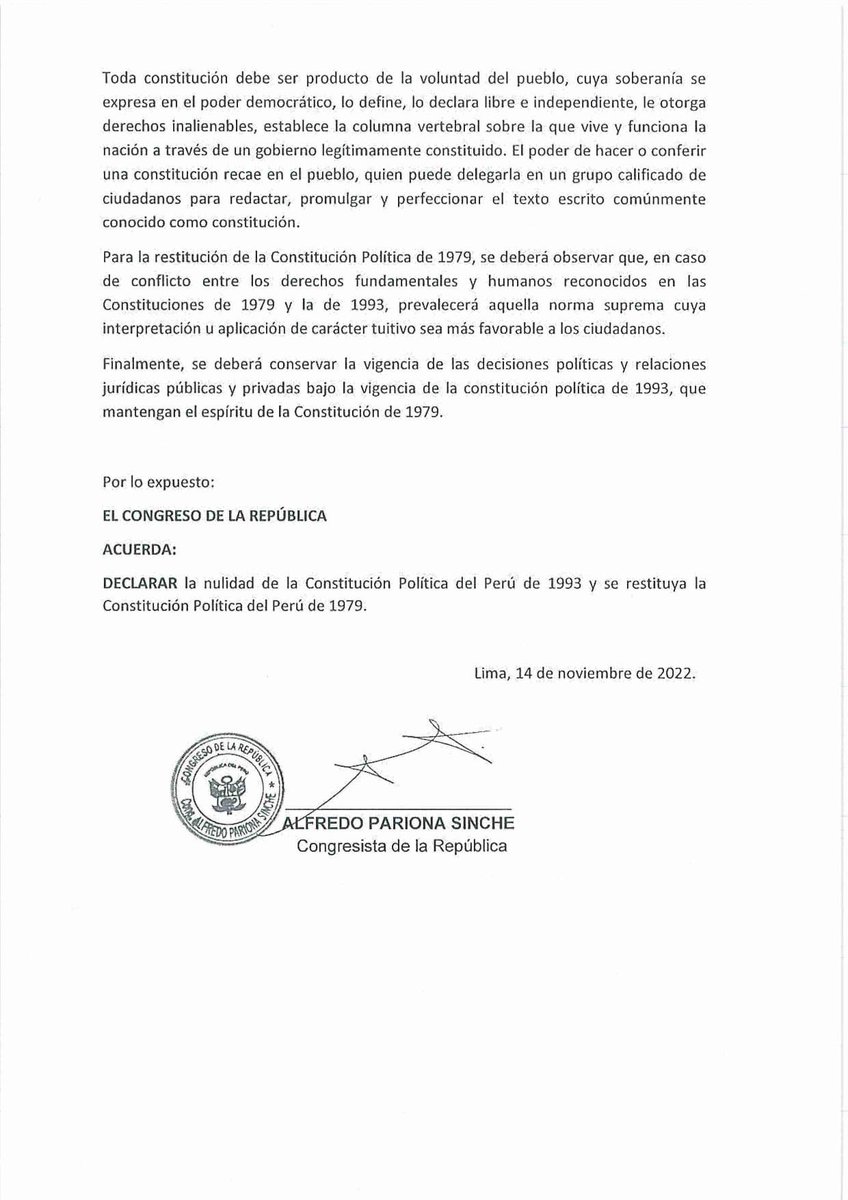 SinchePariona's tweet photo. Ante la difícil situación que atraviesa el país, he presentado una moción para que se declare la nulidad de la Constitución Política del Perú de 1993 y se restituya la Constitución Política del Perú de 1979.
#AlfredoParionaCongresista 
#CongresoDeLaRepublica 
#Constitución1979 https://t.co/vipU0BCyRo
