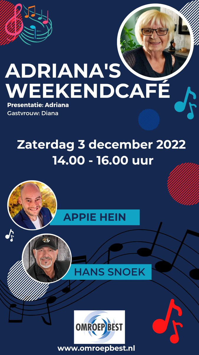 Adriana's Weekend café is vanaf 3 december weer live te beluisteren op zaterdagmiddag van 14 tot 16 uur met een herhaling op de maandagavond daaropvolgend. Met deze week de Nederlandse artiesten: Appie Hein, Hans Snoek en vele andere.