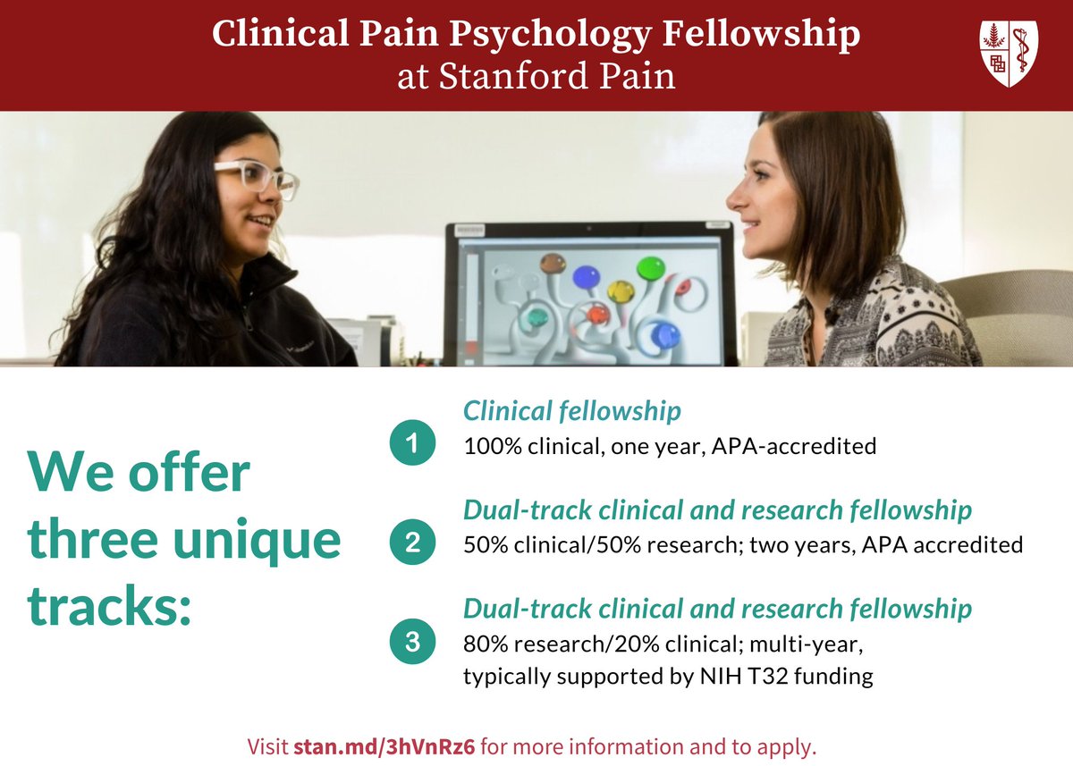 Reminder: #StanfordPain is now accepting applicants for our 2023-2024  Pain Psychology Fellowshipyear, with a fully clinical track and dual-track clinical &amp; research options.

 Learn with one of the nation's top-rated programs – apply here: stan.md/3OhGmgC
