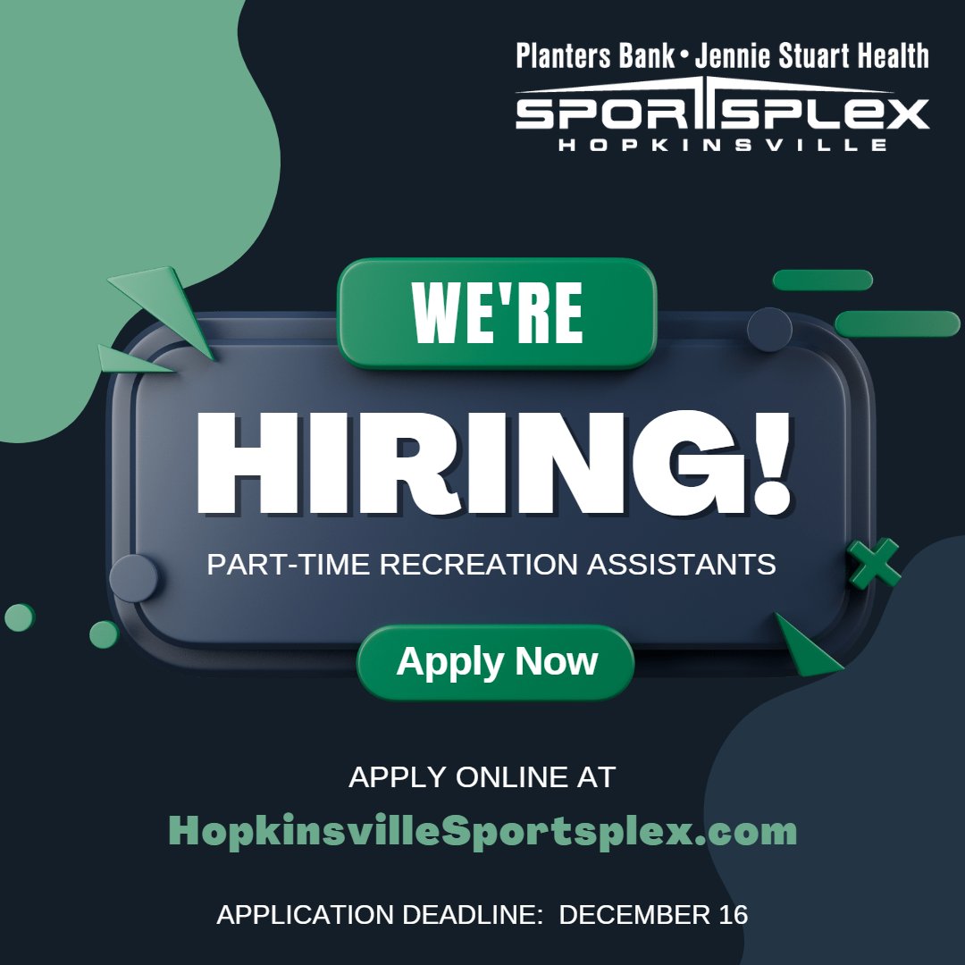 ⚽️ Looking for a sports-centered, part-time job? We're looking to hire energetic individuals as Recreation Assistants at #ThePlex!

➡️ Deadline to apply is Friday, December 16.

Apply hopkinsvillesportsplex.com

#hopkinsvillesports #hopkinsvillejobs #hopkinsville #parttimejob