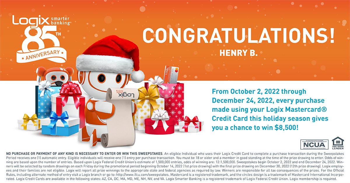 LogixFCU's tweet photo. Congratulations, to latest winner Henry B.!

There are still ✨ 7 winners left ✨ to be announced. Use your Logix Platinum or Platinum Rewards Mastercard® Credit Card to be entered into a weekly drawing. 1 lucky member wins $8,500! #85YearsofLFCU

Visit 👉 https://t.co/lu4LKSJfJl https://t.co/K7igyaPFXq