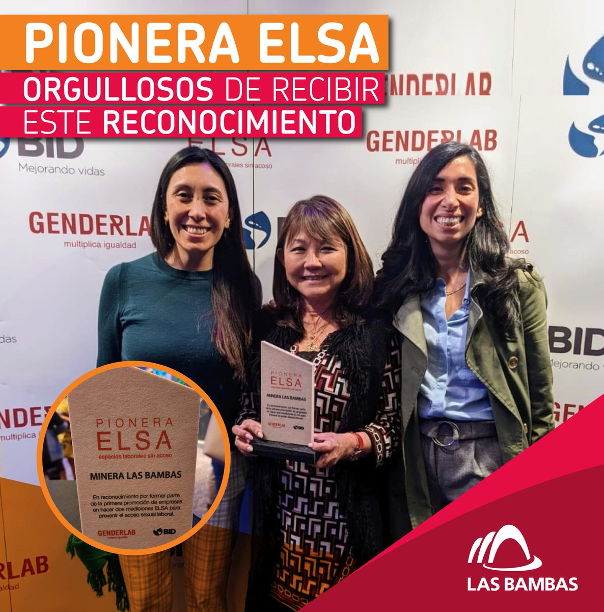 MineraLasBambas's tweet photo. 👷♀️🥇👷 Muy orgullosos de recibir este reconocimiento como empresa #PioneraELSA en el sector de gran minería. En #LasBambas fomentamos diversas acciones para promover un ambiente laboral libre de acoso sexual. Agradecemos a #GenderLab y a su software #ELSA.
#JuntosLaHacemos https://t.co/EzMh7xPq8X