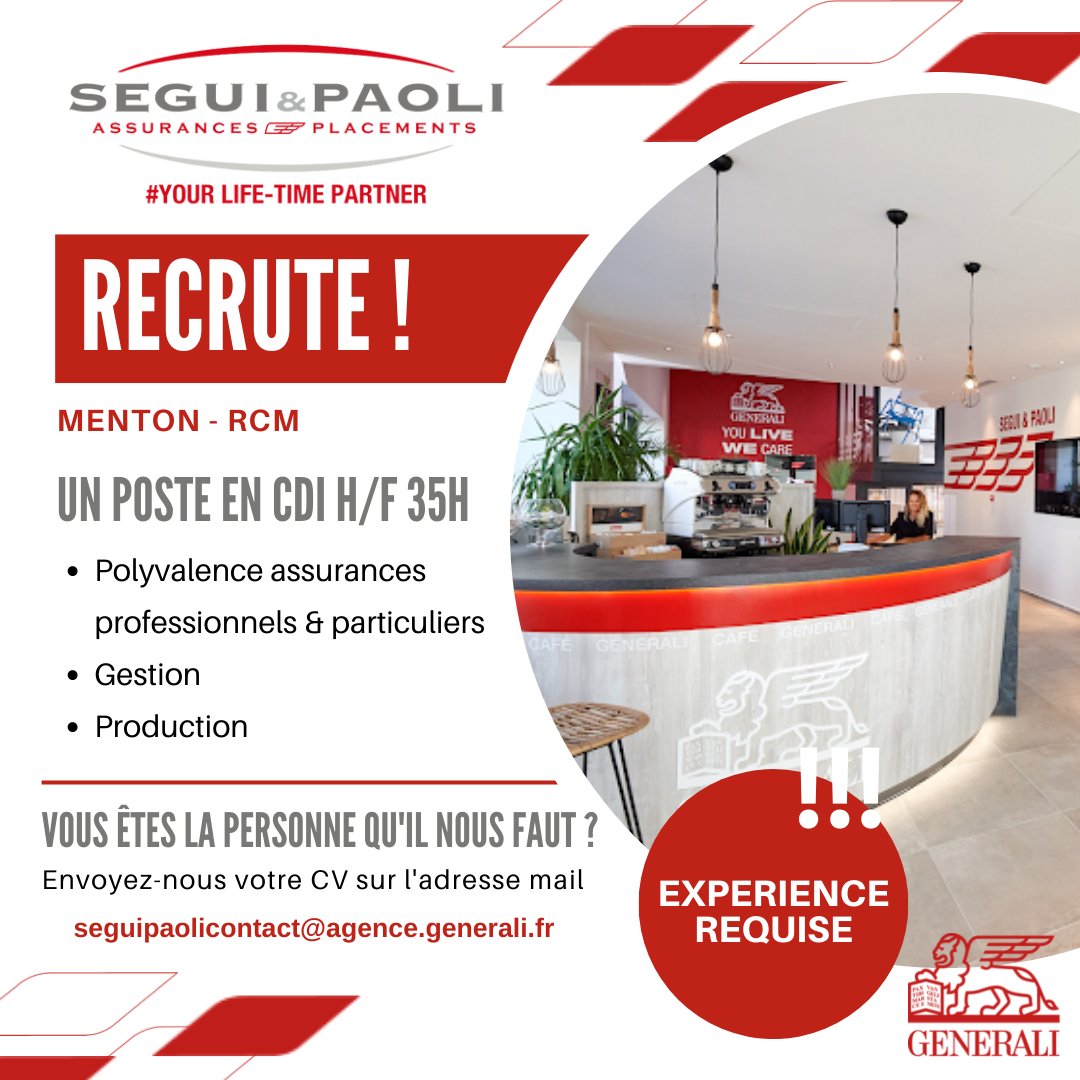 Segui &amp; Paoli recrute 1 collaborateur d’agence en CDI en assurances pro et particulier. 

• Expérience requise 

Envoyez-nous votre candidature sur seguipaolicontact@agence.generali.fr

#recrutement #assuranceparticulier #assurancepro #generali #recrutementcdi #cdi