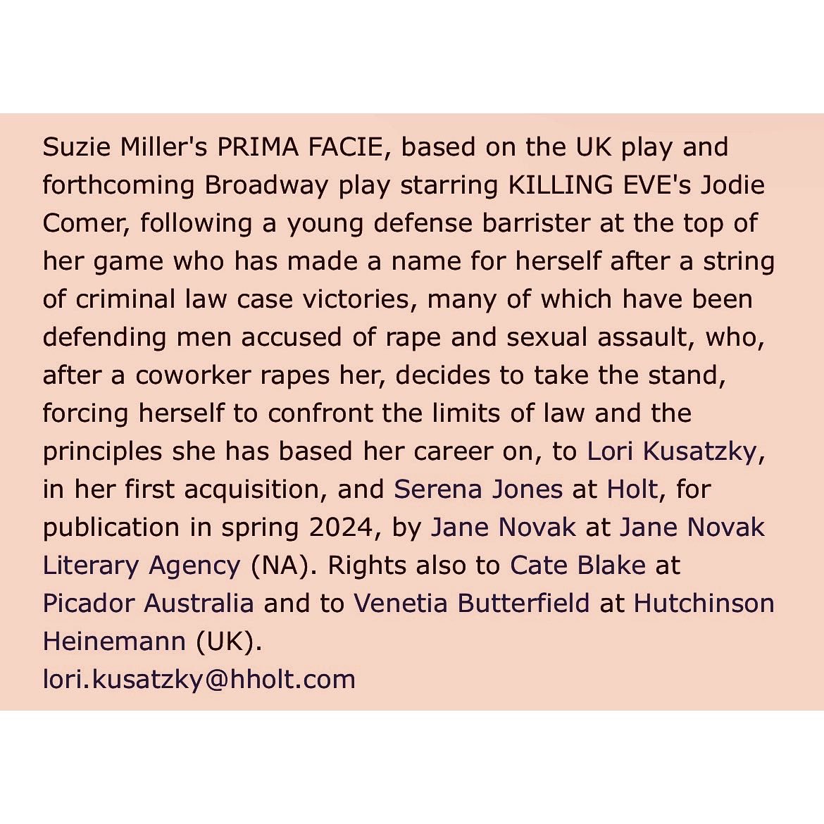 first acquisition in the books 😆 PRIMA FACIE is a heart wrenching look at the legal system, and its flaws when advocating for sexual assault & rape victims.
PRIMA FACIE opens on Broadway in April 2023, novel to come in 2024 ❤️
#primafacie #primafacieplay #suziemiller #jodiecomer