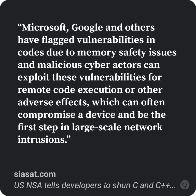 PrabhatAsthan13's tweet photo. US NSA tells developers to shun C and C++ programming language...... https://t.co/JOZfJikNJ4