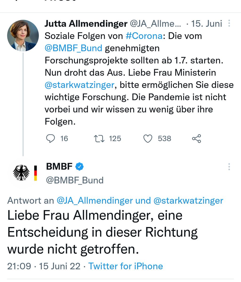 Auch wenn @BMBF_Bund eine Förderkürzung der Projektlinie 'Gesel. Auswirk. der Corona-Pand.' ausgeschlossen hatte, wurden 2 Projekte des <a href="/RWI_Leibniz/">RWI Leibniz-Institut</a> vollständig gestrichen.