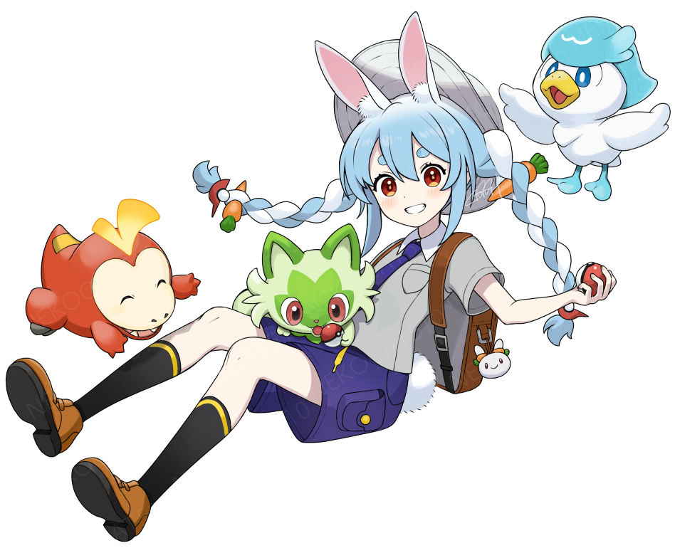 usada pekora poke ball starter pokemon trio holding poke ball 1girl pokemon (creature) animal ears rabbit ears  illustration images