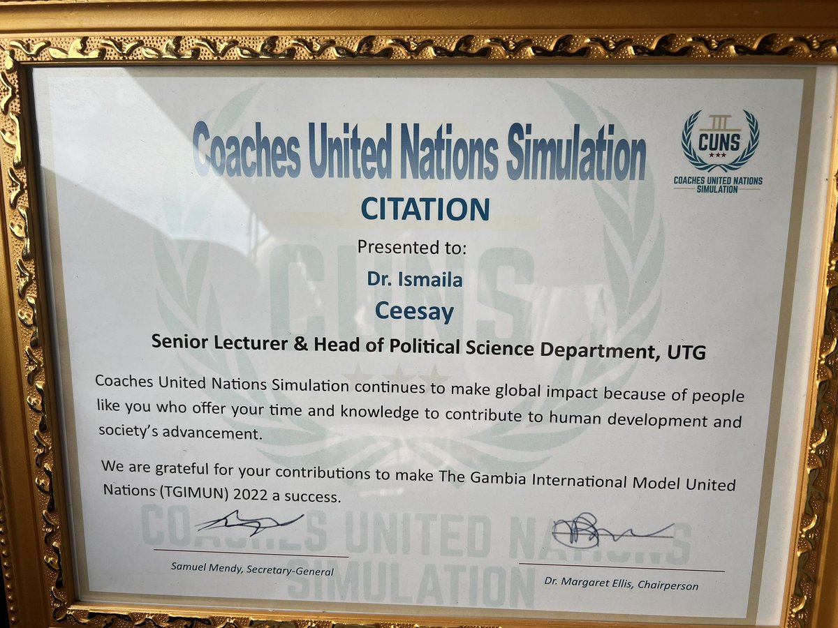 ISMAILACEESAY's tweet image. Thank you @COI_foundation for the privilege and honor. Thank you for building the capacity of Africa’s young minds and equipping them with the tools needed to find sustainable solutions to global challenges. #TGIMUN2022 #UN #UNSimulation #UNFPA #UNGambia #SDG2030 #CUNS