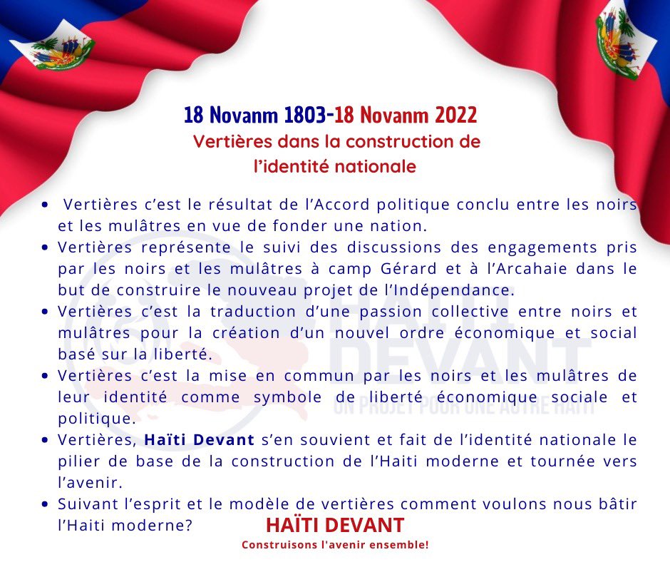 Vertières, c’est la traduction d’une passion collective entre noirs et mulâtres pour la création d’un nouvel ordre économique basé sur la liberté.
#HaïtiDevant 🇭🇹🇭🇹🇭🇹
