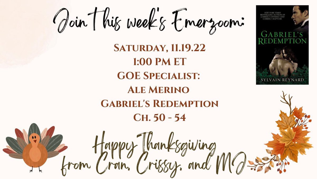 Join us tomorrow, Saturday 11/19 at 1 PM ET! Our Lecturer of the week, Ale Merino, is ready to discuss with you Ch. 50 - 54 of Gabriel’s Redemption. 

You can check your Emerzoom time from any part of the world using this link: timeanddate.com/worldclock/con….

We are thankful for You ♥️