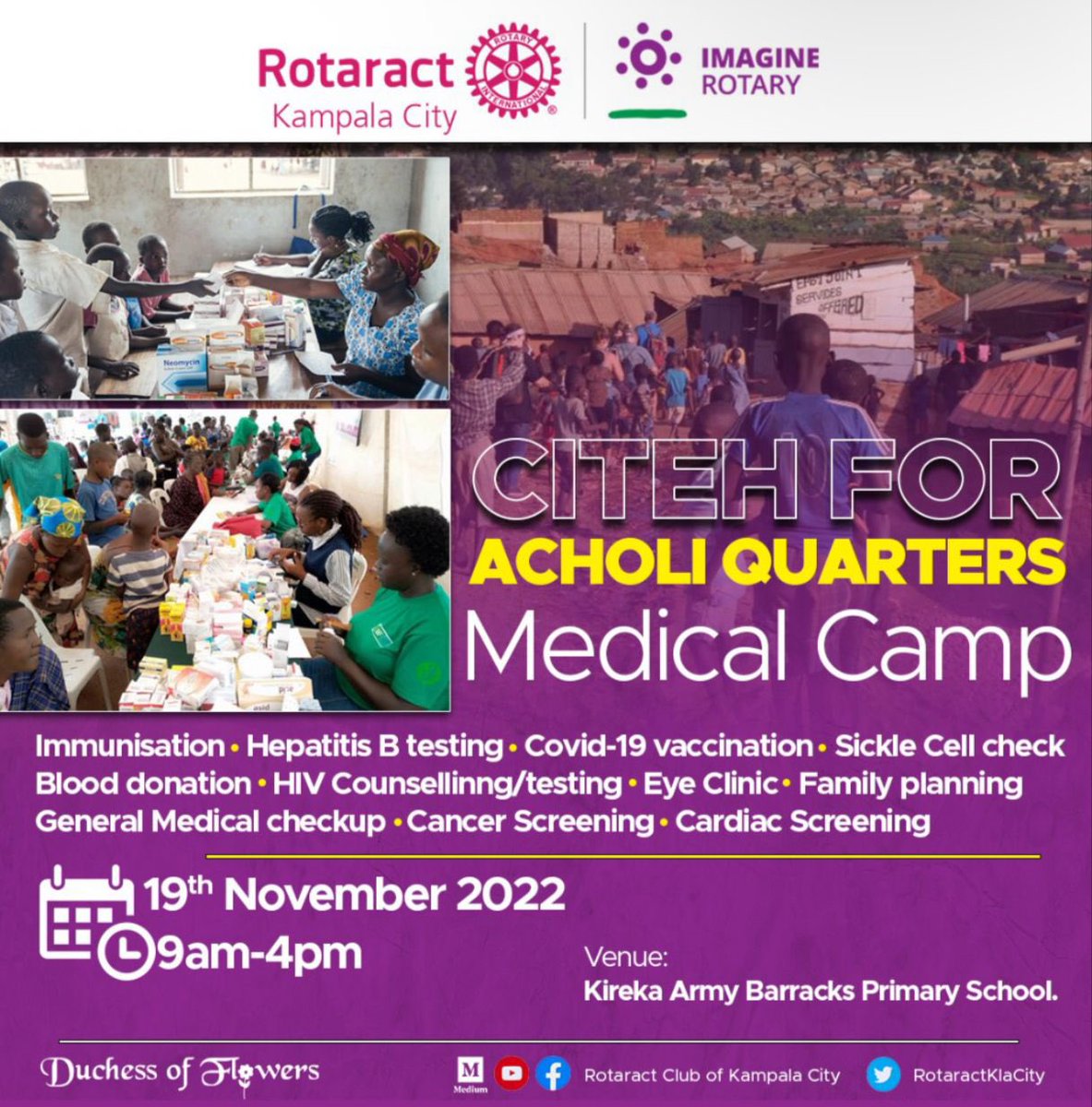 Rotarians, Rotaractors, well wishers 🔥🥳it’s going down tomorrow 💃 Come let’s put a smile on the faces of those at Acholi Quarters