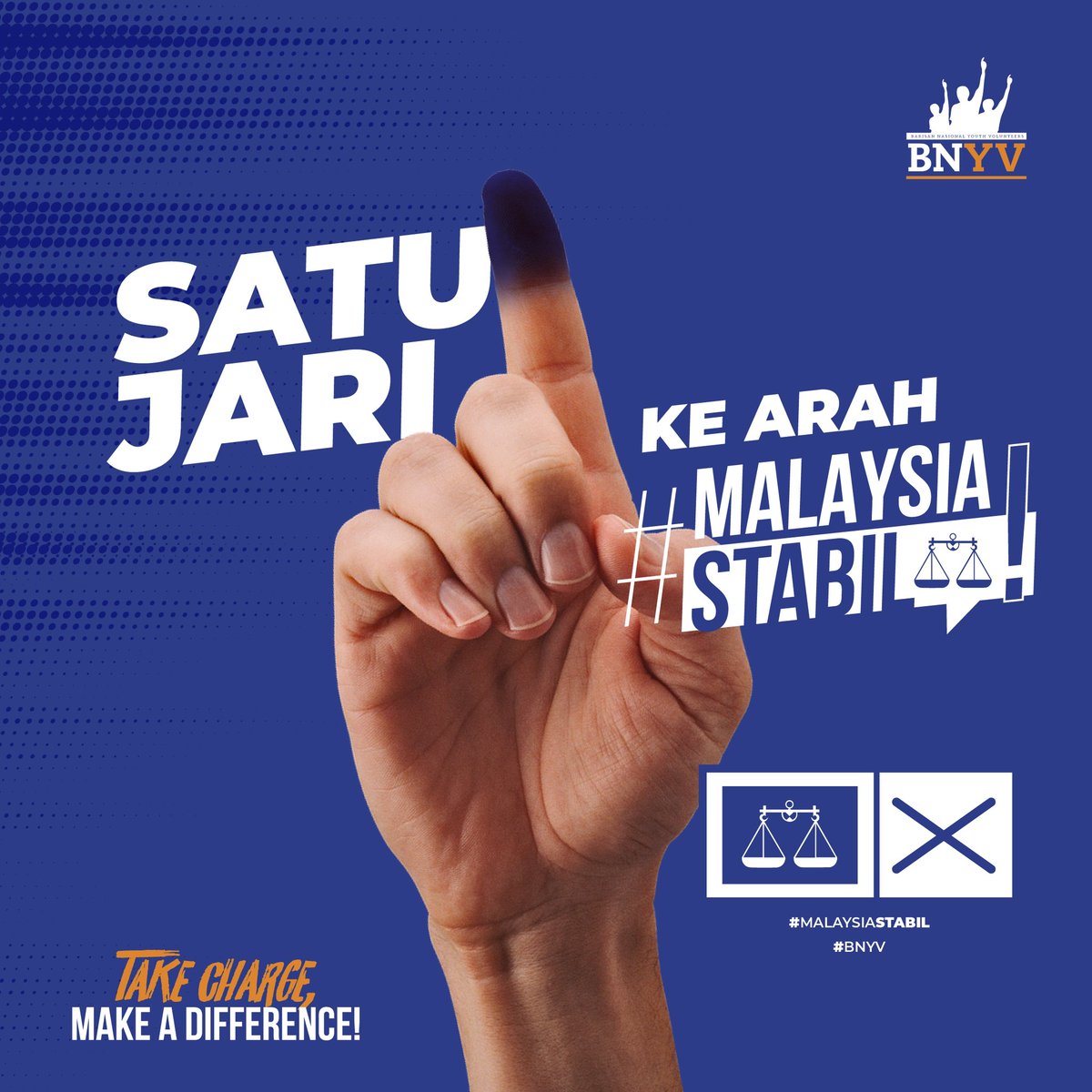 Satu Jari, Ke Arah #MalaysiaStabil 🇲🇾

Undilah Barisan Nasional ⚖️

"Take Charge, Make A Difference!"

#KestabilanDanKemakmuran 
#BNYV