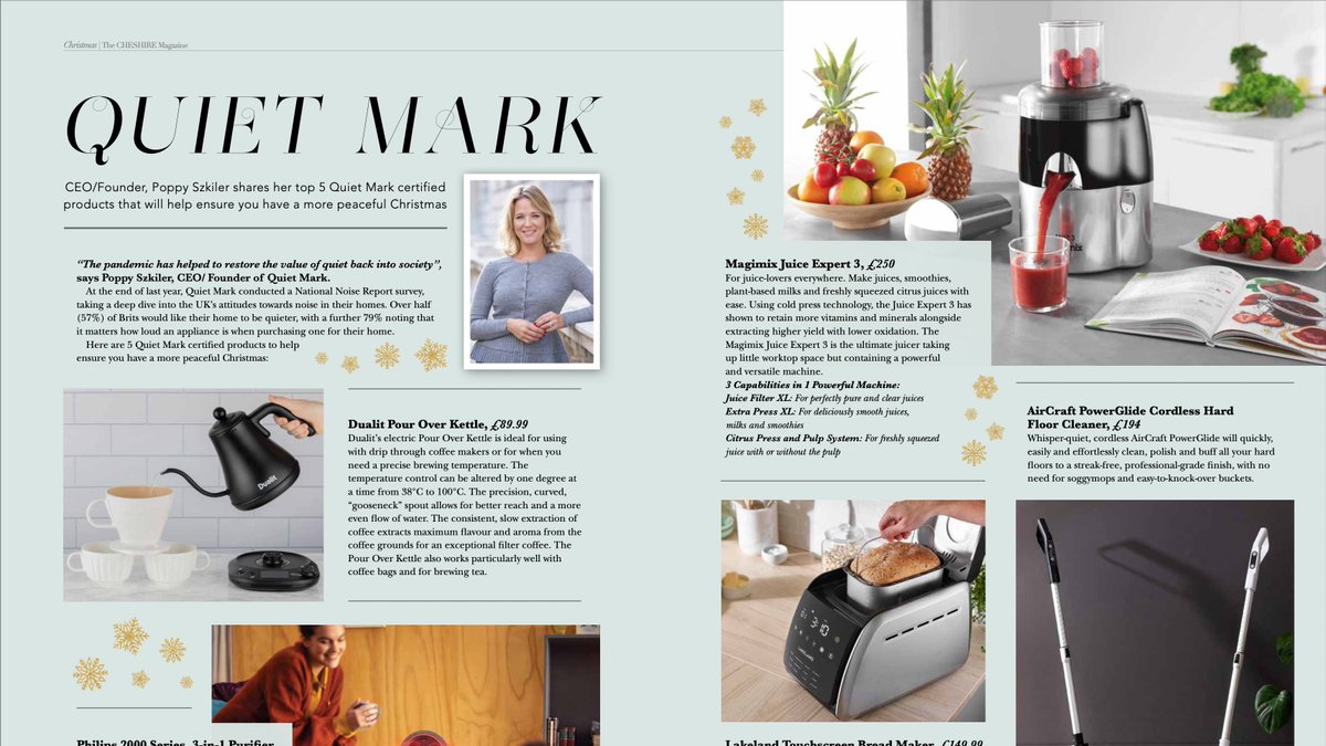QuietMark's tweet photo. Congratulations to @TheCheshireMag on their magnificent 100th issue, out now!
Quiet Mark is delighted to join in the celebrations with this double page spread of  @QuietMark certified Christmas gifts, including @DualitLtd  @philips_uk, @Magimix_UK,  @LakelandUK &amp; @AirCraftHome https://t.co/GhqNNK5lW9