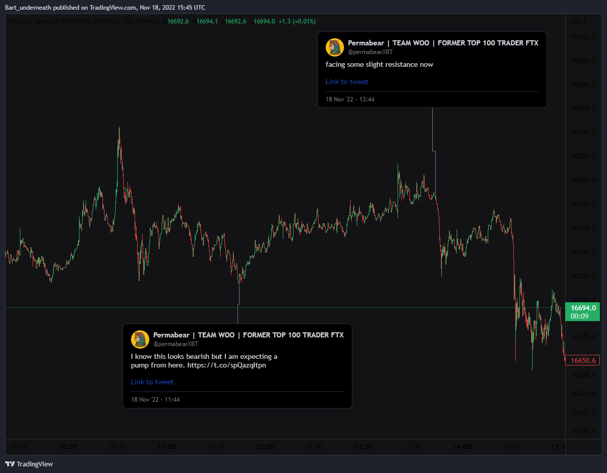 permabearXBT's tweet photo. Most of my calls will still be on discord,

 this is the call made on the 15sec chart (check pic, no it's not just luck lol)

by retweeting this tweet u get a free pass for a yaer worth +1500$ https://t.co/UprLkJkgIY