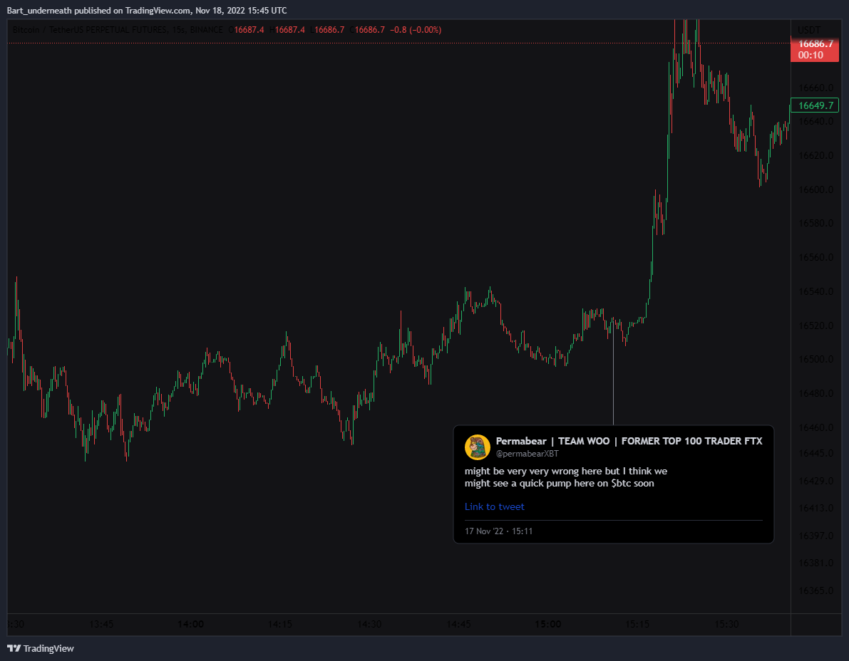 permabearXBT's tweet photo. Most of my calls will still be on discord,

 this is the call made on the 15sec chart (check pic, no it's not just luck lol)

by retweeting this tweet u get a free pass for a yaer worth +1500$ https://t.co/UprLkJkgIY