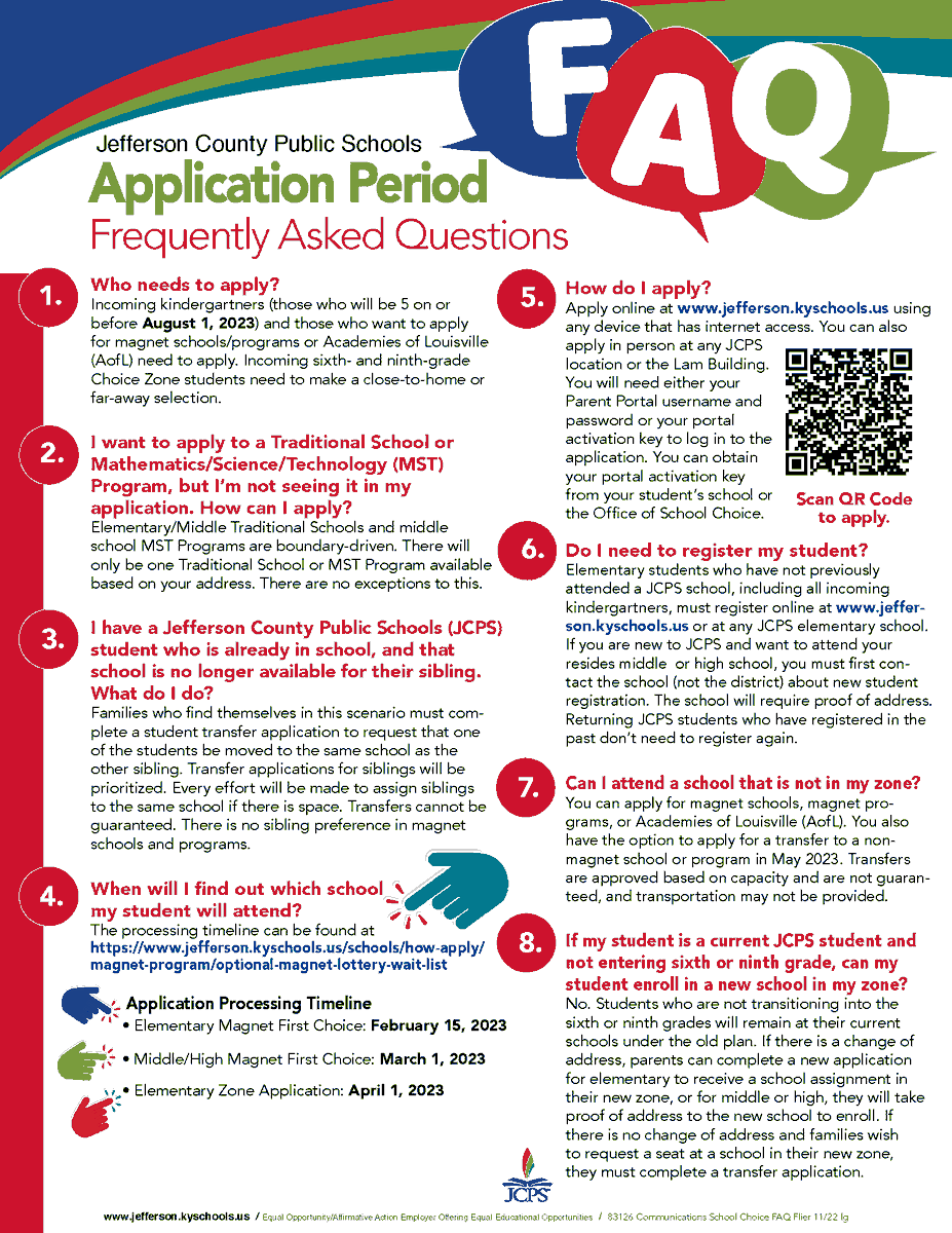 JCPSKY's tweet photo. ❓ APPLICATION FAQ | Have you completed the registration and application process for your student for the 2023-24 school year?

✅ Check out these frequently asked questions for more information on the process. ⬇️

Apply by December 16 ➡️ https://t.co/qQoYLYTCg3 

#WeAreJCPS https://t.co/aPzscMAB3Y