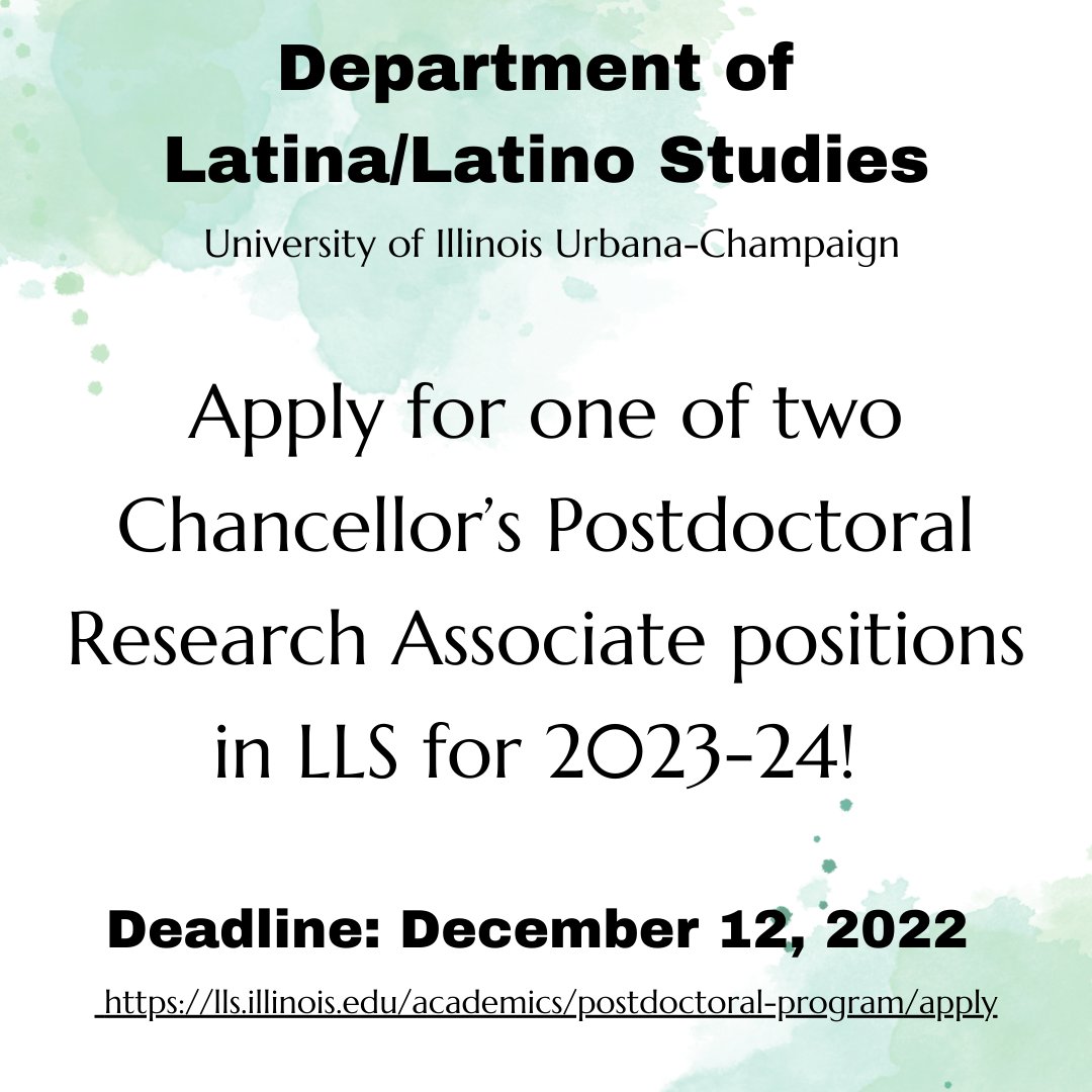 The Department of Latina/Latino Studies at the University of Illinois, Urbana-Champaign invites applications for two Chancellor’s Postdoctoral Research Associates. The deadline to apply is Monday, December 12, 2022 by 6:00 pm CST. For complete details: illinois.csod.com/ux/ats/careers…