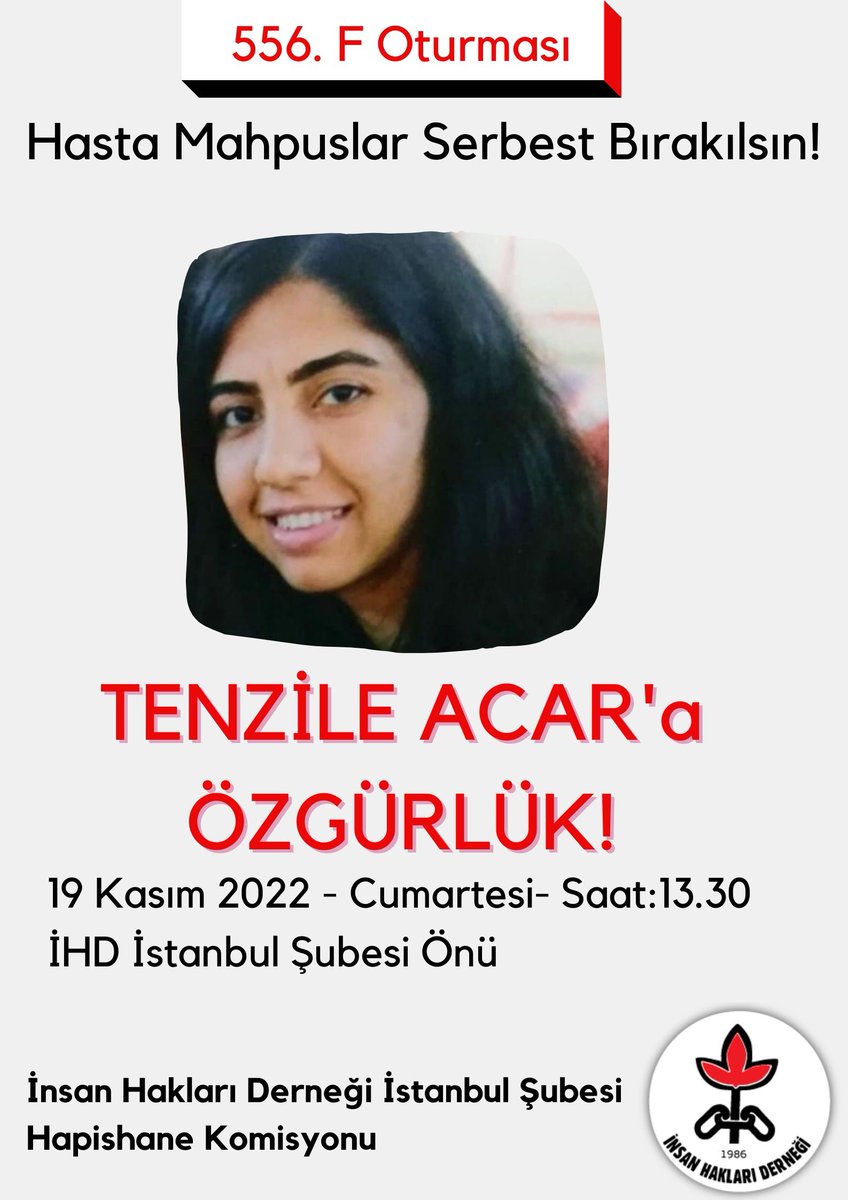 556. F Oturması AĞIR HASTA MAHPUS #TenzileAcar SERBEST BIRAKILSIN!

#AyşeÖzdoğan
#DemirtaşVeTümSiyasilereÖzgürlük
#DengBidinZindanan
#ZindanlarYıkılsınTutsaklaraÖzgürlük
#tecritehayır
#EkimPolataÖzgürlük
#CezaEviCenazeEviOlmasin
#SiyasiTutsaklaraÖzgürlük
#SelahattinDemirtaş