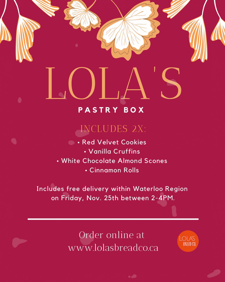 lolasbreadco's tweet photo. Find our decadent Red Velvet Cookies in this treat box, along with White Chocolate Almond Scones, Vanilla Cruffins & the BEST Cinnamon Rolls 😍🧡
Shop here 👉 https://t.co/0s6tGDVLlw
#kwawesome #waterlooregion #kitchener #waterloo #kweats #lolasbreadco #breslau #redvelvetcookie https://t.co/XtShQuxx18