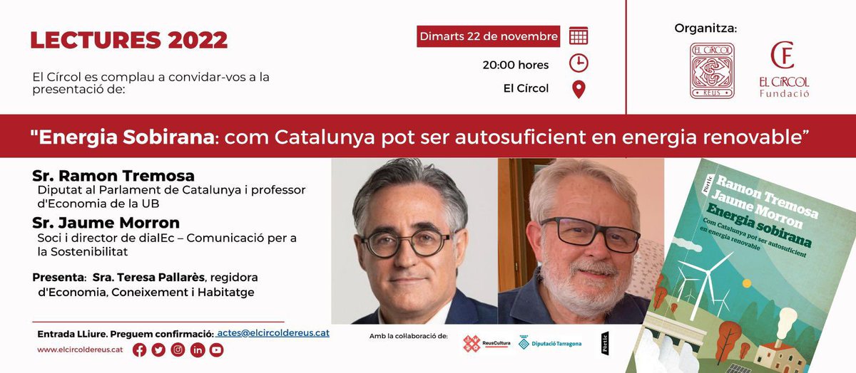 El llibre #EnergiaSobirana s’ha presentat a Barcelona, Tarragona, Girona, Lleida, Sabadell, Igualada, Terrassa, Tàrrega, Flix, La Garriga i Sant Cugat del Vallès. Ja toca presentar-lo a REUS. Ho farem dimarts vinent, a <a href="/ElCircolReus/">El Círcol de Reus</a> , a les 8 del vespre. Ens hi acompanyareu, oi?