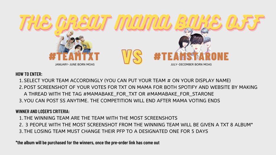 moabirthday's tweet photo. BAKE OFF UPDATE
#TEAMTXT is on the lead with 12 SCREENSHOTS OF THEIR BAKING, #TEAMSTARONE is CLOSING IN with 7 SCREENSHOTS OF THEIR BAKING!
make sure to post yours with the tags #MAMABAKE_FOR_TXT or #MAMABAKE_FOR_STARONE to join on the bake off for a chance to win TXT8 ALBUM https://t.co/gHtTQ6SRGp