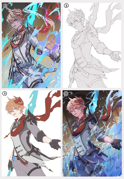 ①ラフ→②線画→③下塗り→④塗り込み、完成 