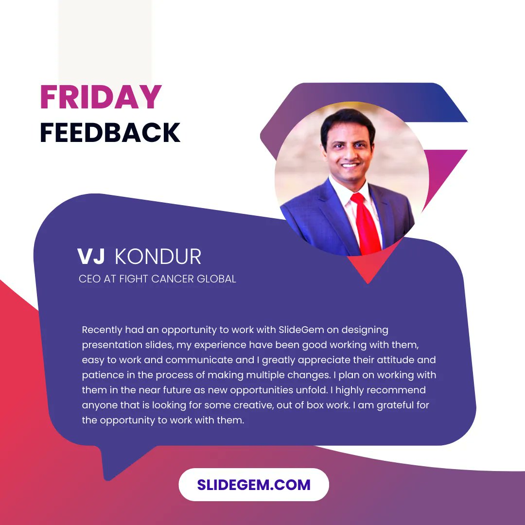 SlideGem's tweet image. We love to hear what our clients have to say! Here&apos;s what they had to say about their experience with us. 

#FridayFeedback #SlideDesigner #ProPresentationDesigner
#testimonial #Powerpoint #designthinking #visualdesign